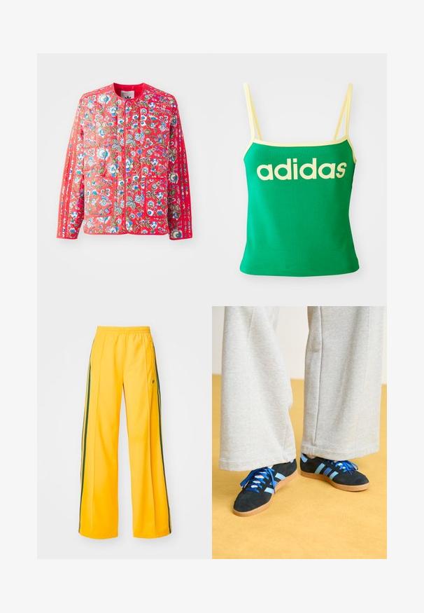 Chaqueta de acolchado roja con un patrón floral en azul, verde y blanco, con un cuello redondo, dos bolsillos frontales y ribetes en contraste.; Top verde con detalles amarillos, hecho de material elástico. Presenta un gran logo de "adidas" amarillo en el frente y tirantes delgados.; Pantalones deportivos amarillos de pierna ancha, con stripes verdes en los laterales y un pequeño logo en la cadera izquierda. Cintura elástica para mayor comodidad.; Zapatillas de ante negras y azules con cordones azules y acentos a rayas, combinadas con pantalones de pierna ancha gris claro, sobre un suelo amarillo.