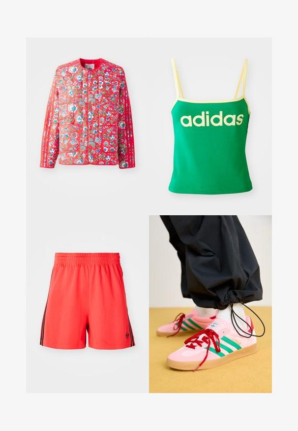 Chaqueta de acolchado roja con un patrón floral en azul, verde y blanco, con un cuello redondo, dos bolsillos frontales y ribetes en contraste.; Top verde con detalles amarillos, hecho de material elástico. Presenta un gran logo de "adidas" amarillo en el frente y tirantes delgados.; Pantalones cortos deportivos rojos hechos de un tejido ligero con una cintura elástica, que presentan tres rayas verticales negras a cada lado y un logotipo.; Zapatillas de ante rosa con rayas verdes, cordones rojos y suela de goma. Combinadas con pantalones negros recogidos en los tobillos.