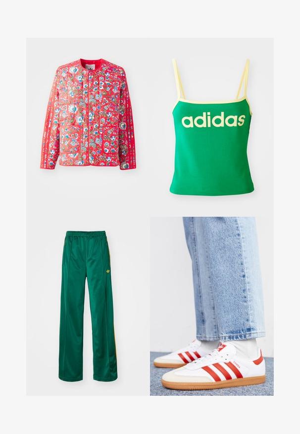 Rote, gesteppte Jacke mit floralem Muster in Blau, Grün und Weiß, mit rundem Ausschnitt, zwei Fronttaschen und kontrastierenden Besätzen.; Grünes Tanktop mit gelben Akzenten, aus dehnbarem Material. Lieferumfang: großes gelbes "adidas"-Logo auf der Vorderseite und dünne Träger.; Grüne satinierte Sporthosen mit entspannter Passform, mit gelben Streifenakzenten und einem gestickten Logo auf der linken Seite. Elastischer Bund.; Weiße Leder Sneaker mit roten Streifen und Akzenten. Verfügt über eine strukturierte Gummi-Laufsohle und einen gepolsterten Schaft. Tragen mit hellblauer Jeans.