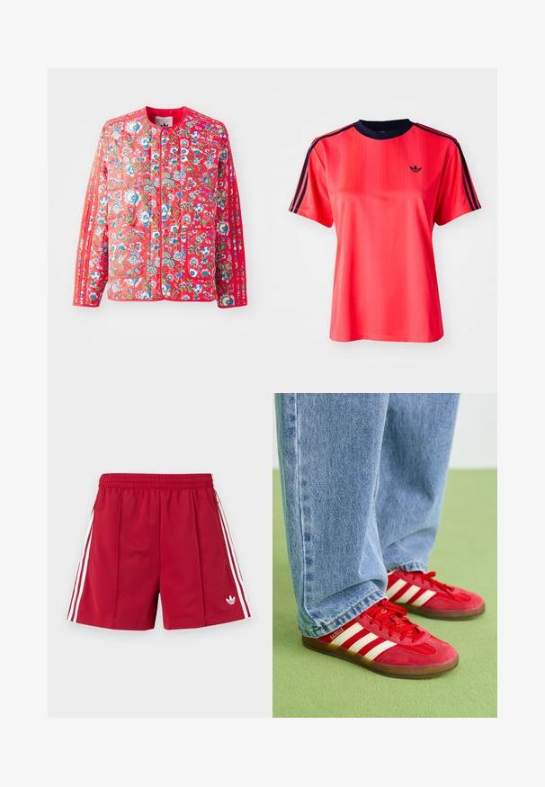 Rote, gesteppte Jacke mit floralem Muster in Blau, Grün und Weiß, mit rundem Ausschnitt, zwei Fronttaschen und kontrastierenden Besätzen.; Rotes sportliches T-Shirt mit kurzen Ärmeln, das von vertikalen Streifen, einem marineblauen Rundhalsausschnitt und einem kleinen schwarzen Logo auf der Vorderseite geprägt ist.; Rote Sportshorts mit elastischem Bund, weißen Seitenstreifen, Reißverschlusstaschen und einem kleinen weißen Adidas-Logo am vorderen linken Bein.; Rote Wildleder-Sneaker mit drei weißen Streifen, runder Zehenpartie und strukturiertem Profil, kombiniert mit hellblauen Jeans auf einem grünen Hintergrund.