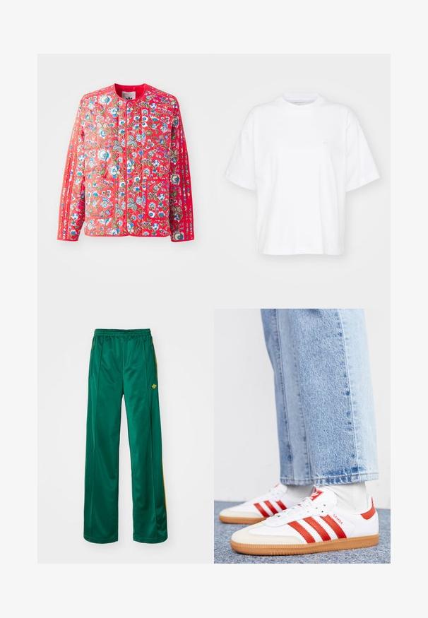 Rode gewatteerde jas met een bloemmotief in blauw, groen en wit, met een ronde halslijn, twee voorzakken en contrasterende afwerkingen.; Witte katoenen t-shirt met een ronde hals, korte mouwen en een ontspannen pasvorm. Heeft een subtiel logo op het linkerborstgedeelte. Zachte textuur.; Groene satijnen sportbroek met een relaxte pasvorm, voorzien van gele streepaccenten en een geborduurd logo aan de linkerzijde. Elastische tailleband.; Witte leren sneakers met rode strepen en accenten. Voorzien van een getextureerde gumrubberen outsole en een gevoerde kraag. Draag ze met lichtblauwe denim.