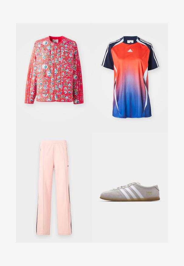 Chaqueta de acolchado roja con un patrón floral en azul, verde y blanco, con un cuello redondo, dos bolsillos frontales y ribetes en contraste.; Camisa deportiva de manga corta de Adidas con un degradado que va del rojo al azul, con detalles en azul marino y rayas blancas a lo largo de los hombros.; Pantalones deportivos de color rosa claro con franjas laterales negras, bolsillos con cremallera y cintura elástica, presentados sobre un fondo blanco liso.; Zapatilla de ante gris con rayas de cuero blanco y detalle del logo en dorado. Suela plana de goma, punta redondeada y diseño clásico de cierre con cordones.