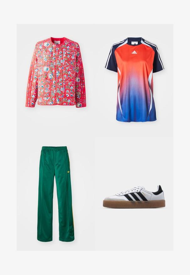 Rote, gesteppte Jacke mit floralem Muster in Blau, Grün und Weiß, mit rundem Ausschnitt, zwei Fronttaschen und kontrastierenden Besätzen.; Adidas Sportshirt mit kurzen Ärmeln in einem Farbverlauf von Rot zu Blau, mit marineblauen Akzenten und weißen Streifen an den Schultern.; Grüne satinierte Sporthosen mit entspannter Passform, mit gelben Streifenakzenten und einem gestickten Logo auf der linken Seite. Elastischer Bund.; Weiße Leder Sneakers mit schwarzen Streifen, Gummigummi-Außensohle, runder Zehenform, Schnürverschluss und weichem grauem Wildleder-Zehenkappe.