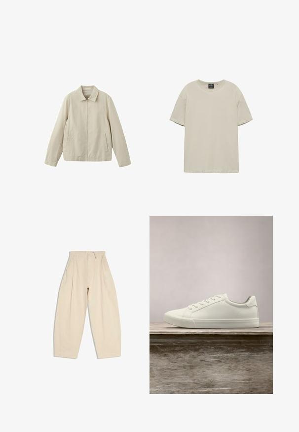 Veste décontractée beige à manches longues, fermeture éclair à l'avant, col, et deux poches avant inclinées sur fond blanc.; T-shirt beige à manches courtes, col rond, ourlet droit et étiquette noire visible à l'intérieur de l'encolure.; Pantalon beige taille haute à jambes larges avec plis, poches latérales, passants pour ceinture et fermeture par bouton sur la ceinture avant.; Sneaker en dentelle blanche flottant au-dessus d'un banc en bois avec un feuillage vert en arrière-plan, mettant en valeur le design et la texture de la chaussure.