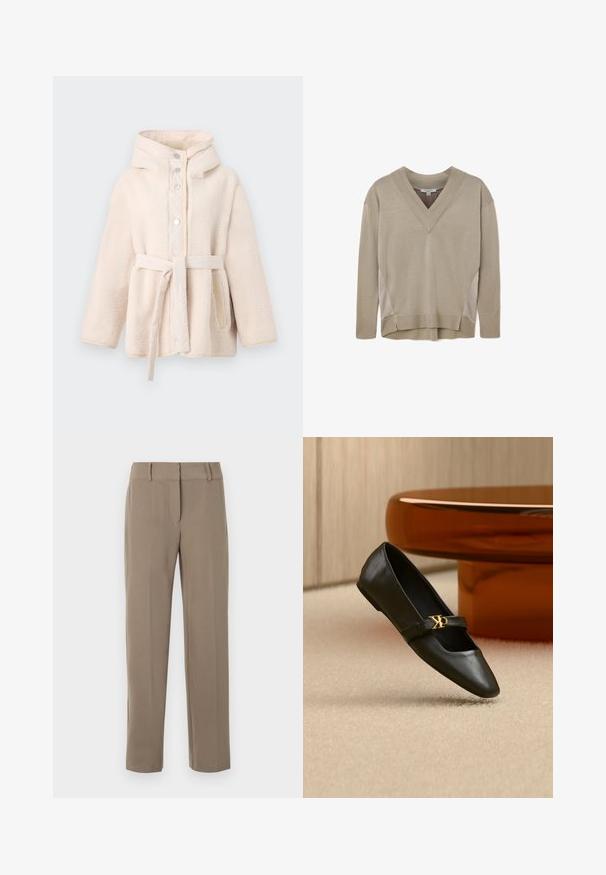 Beige, flauschige Fleecejacke mit Kapuze, vorderen Druckknöpfen, Gürtel in der Taille und Seitentaschen. Glatte Innenauskleidung.; Beige Pullover mit langen Ärmeln und V-Ausschnitt, ausgestattet mit gerippten Bündchen und Saum. Er verfügt über seitliche Panel-Akzente und einen leichten High-Low-Saum.; Khakifarbene, gerade geschnittene Hose mit Gürtelschlaufen und einem vorderen Reißverschluss auf weißem Hintergrund.; Schwarzer flacher Lederschuh mit spitzer Kappe und goldenem CK-Logo auf dem Riemen, auf beigem Teppich neben einem runden bernsteinbraunen Tisch platziert.