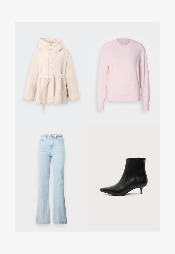 Beige, flauschige Fleecejacke mit Kapuze, vorderen Druckknöpfen, Gürtel in der Taille und Seitentaschen. Glatte Innenauskleidung.; Helles rosa Sweatshirt aus weichem Strickmaterial. Mit Rundhalsausschnitt und langen Ärmeln, versehen mit einem kleinen grünen Logo auf der unteren linken Seite.; Helleblaue ausgestellte Jeans aus Denim. Mit hoher Taille, Reißverschluss und zwei Vorderentaschen. Dezente Ausbleichung des Stoffes, saubere Säume.; Schwarzer Leder-Knöchel-Stiefel mit spitzer Spitze und niedrigem Kittenabsatz vor hellem Hintergrund, seitliche Ansicht.