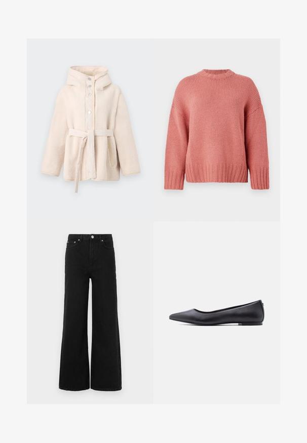 Beige, flauschige Fleecejacke mit Kapuze, vorderen Druckknöpfen, Gürtel in der Taille und Seitentaschen. Glatte Innenauskleidung.; Rosa gestrickter Pullover mit rundem Ausschnitt, überschnittenen Schultern, strukturiertem Stoff und gerippten Bündchen und Saum. Lockerer Schnitt und lässiger Stil.; Schwarze Jeans mit weitem Bein aus Denim; verfügt über eine hohe Taille, Vordertaschen und einen Knopfverschluss. Keine sichtbaren Muster oder Verzierungen.; Schwarzer flacher Lederschuh mit spitzer Kappe und niedrigem Absatz, seitlich vor weißem Hintergrund gezeigt.