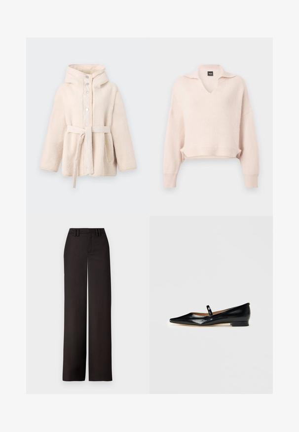 Beige, blød fleecejakke med hætte, frontknapper med trykknap, bælte i taljen og sidelommer. Glat indvendig foring.; Lyserød strikket sweater med V-hals og krave, sænket skulder, og ribkant i bund og ærmer. Fremstillet af et blødt, tekstureret materiale.; Sorte vidde bukser med flad front, bæltesløjfer og en glat tekstur, designet til en skræddersyet pasform. Ingen synlig hardware eller mønstre.; Sorte patenterede læder Mary Jane flade sko med spids tå, én rem og lav hæl på ensfarvet baggrund.