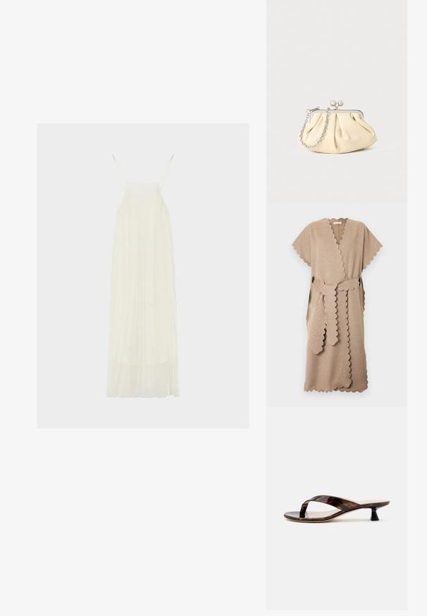 Robe portefeuille beige mi-genou avec bords festonnés, manches courtes et ceinture assortie à bords festonnés nouée à la taille.; Robe longue blanche sans manches avec fines bretelles et jupe fluide plissée sur fond uni.; Sandale à talon kitten écaille de tortue marron avec bride entre les orteils et bout carré sur un fond clair uni.; Pochette en cuir beige plissé avec un cadre en métal argenté, dotée de deux fermoirs ronds décoratifs et d'une chaîne en argent.