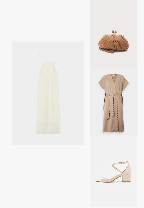 Robe portefeuille beige mi-genou avec bords festonnés, manches courtes et ceinture assortie à bords festonnés nouée à la taille.; Robe longue blanche sans manches avec fines bretelles et jupe fluide plissée sur fond uni.; Sandales à talon bloc beiges présentant un design minimaliste, bout ouvert et une sangle de cheville ajustable avec une boucle dorée. Texture lisse.; Petit sac pochette en daim marron doux avec tissu froncé, fermoir métallique, accents de perles en bois et bracelet pour poignet sur fond blanc.