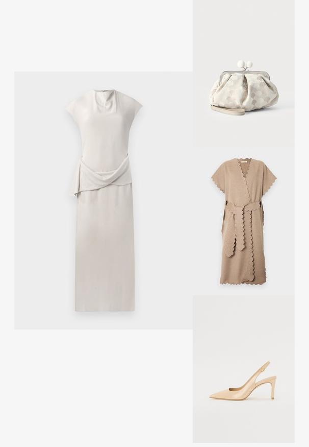 Robe portefeuille beige mi-genou avec bords festonnés, manches courtes et ceinture assortie à bords festonnés nouée à la taille.; Robe sans manches élégante en tissu beige doux. Présente une section taille drapée et une silhouette droite lisse. Fermeture éclair au dos.; Escarpin slingback en cuir verni nude avec un bout pointu, un décolleté ouvert et un talon aiguille fin. Comprend un accent doré circulaire sur la sangle.; Petit sac pochette beige avec tissu texturé à pois, cadre argenté, fermoir rond blanc et bracelet de poignet amovible sur fond uni.