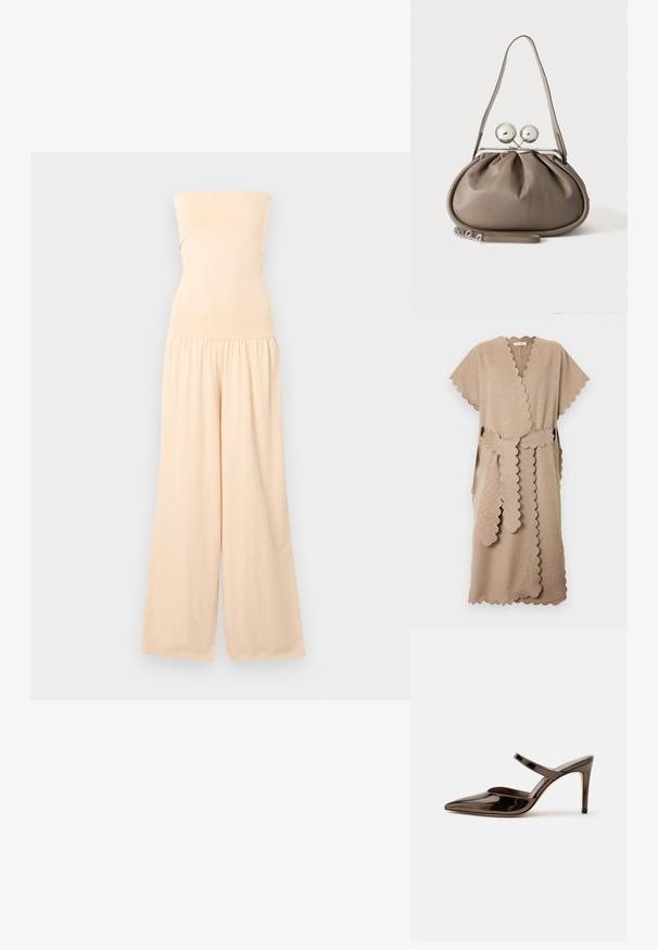 Robe portefeuille beige mi-genou avec bords festonnés, manches courtes et ceinture assortie à bords festonnés nouée à la taille.; Combinaison beige bustier avec corsage ajusté et pantalons larges, froncée à la taille, présentée sur un fond gris clair.; Mule à talon haut marron foncé brillant à bout pointu avec une fine bride sur le coup de pied sur fond blanc uni.; Sac à main en cuir gris de forme arrondie, fermeture supérieure avec deux grandes sphères argentées, et une seule anse.