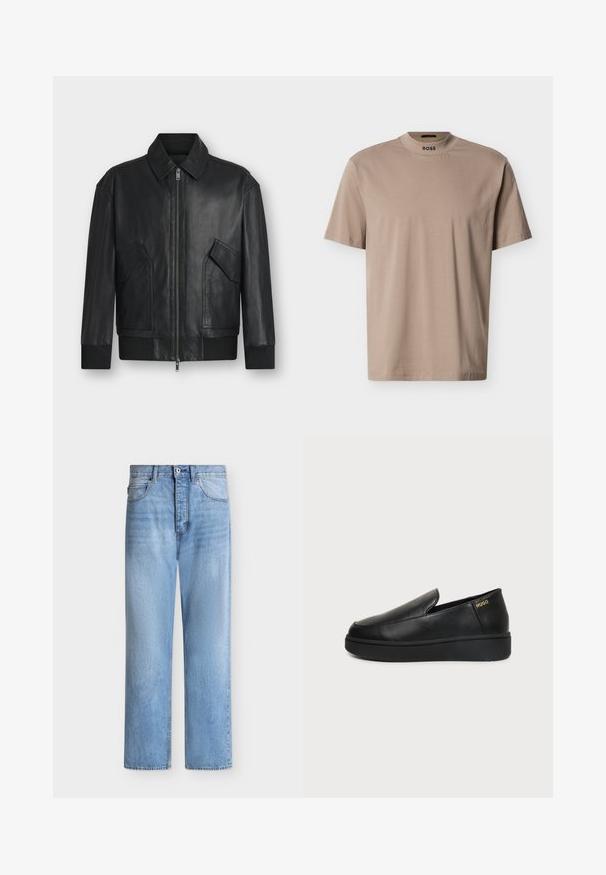 Veste en cuir noire avec fermeture éclair à l'avant, deux poches à rabat inclinées, poignets et ourlet côtelés, présentée sur fond blanc.; T-shirt beige à manches courtes avec un col rond haut et le logo "BOSS" sur le col. Fabriqué en tissu doux avec une texture lisse.; Jean droit en denim bleu clair avec fermeture par bouton et zip, poches avant et arrière, et passants de ceinture à la taille.; Chaussure noire en cuir à enfiler avec semelle épaisse et petits trous de ventilation latéraux, avec un logo doré "HUGO" près du talon.