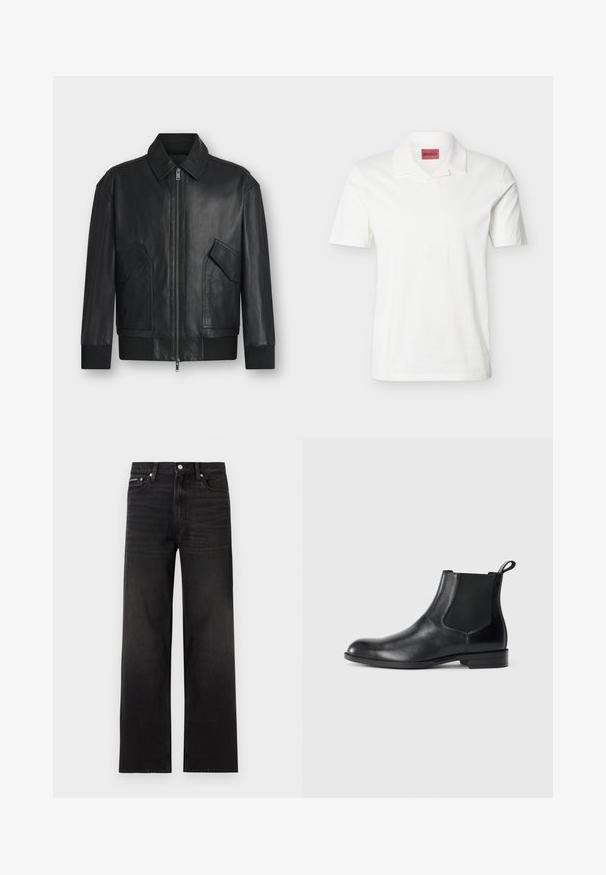 Veste en cuir noire avec fermeture éclair à l'avant, deux poches à rabat inclinées, poignets et ourlet côtelés, présentée sur fond blanc.; Polo blanc à manches courtes avec col plié et étiquette de la marque HUGO rouge à l'intérieur de l'encolure.; Jean noir droit avec cinq poches, passants pour ceinture et fermeture par bouton, présenté sur un fond blanc.; Bottine en cuir noir avec des panneaux latéraux élastiques, bout rond et tirette. Texture lisse, semelle plate, design minimaliste.