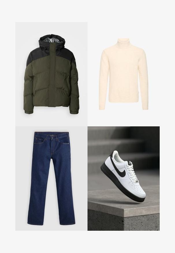 Schott ETHEN - Winterjas - kaki/black; Crèmekleurige, lange mouwen coltrui met een geribde hals, manchetten en zoom, getoond op een effen witte achtergrond.; Donkerblauwe recht gesneden jeans met vijf zakken, knoop- en ritssluiting, en oranje stiksel op een lichte achtergrond.; Witte leren sneaker met zwarte accenten, afgeronde neus en geperforeerde details. Zwarte rubberen zool met een gestructureerd patroon en vetersluiting.