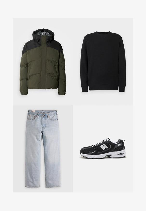 Schott ETHEN - Winterjas - kaki/black; Zwarte crewneck sweater met lange mouwen, geribbelde manchetten en zoom, weergegeven tegen een effen witte achtergrond.; Lichtblauwe rechte jeans met een hoge taille, knoopsluiting en voor- en achterzakken, gepresenteerd op een vlakke ondergrond.; Zwarte en grijze sport schoenen met een bovenwerk van mesh en suede, voorzien van een witte tussenzool, veters en een gedurfde "N"-logo aan de zijkant.