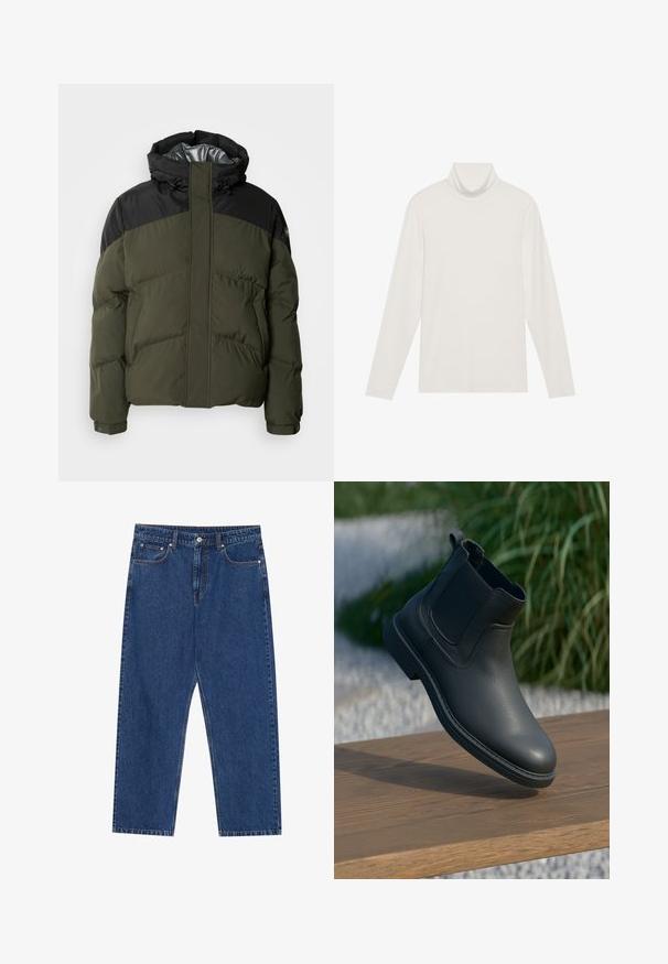 Schott ETHEN - Chaqueta de invierno - kaki/black; Top de manga larga con cuello alto en blanco. Tejido suave y elástico con una silueta ajustada. Presenta un cuello alto y un detalle de costuras mínimas.; Jeans de denim en azul oscuro, con un corte recto, bolsillos frontales y una bragueta de botones con costuras en contraste en toda la prenda.; Botín negro de cuero hasta el tobillo con paneles laterales elásticos, acentos texturizados y suela de goma; la exhibición incluye una superficie de madera y vegetación.
