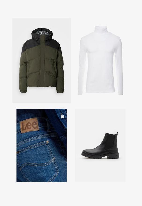 Schott ETHEN - Veste d'hiver - kaki/black; Chemise à col roulé à manches longues blanche en tissu doux et extensible. Présente un col haut et une coupe ajustée, offrant une silhouette épurée.; Gros plan de la poche arrière d'un jean en denim bleu avec une étiquette en cuir marron de la marque Lee et des détails de couture visibles.; Steve Madden QUADE - Bottines - black