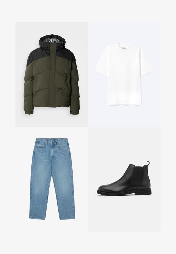 Schott ETHEN - Chaqueta de invierno - kaki/black; Camiseta lisa blanca de manga corta y cuello redondo con un corte relajado, mostrada sobre un fondo claro.; Pantalones vaqueros de mezclilla azul claro con corte de pierna recta, diseño de cinco bolsillos y textura ligeramente desgastada. Cuentan con cierre de botón y cremallera.; Botas Chelsea de cuero negro con paneles laterales elásticos y una lengüeta. Punta redonda y suela de goma plana, con un acabado suave.