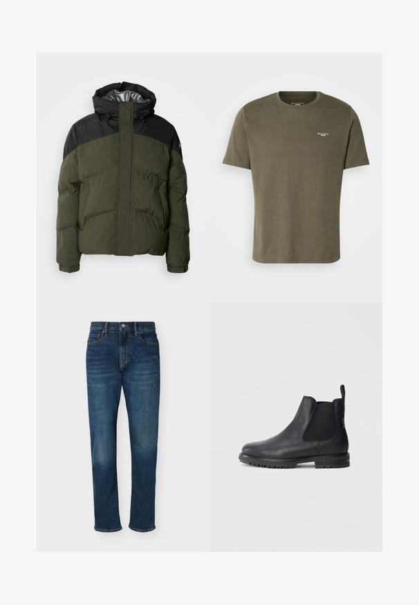 Schott ETHEN - Veste d'hiver - kaki/black; T-shirt en coton vert olive avec des manches courtes, col rond et petit logo blanc sur la poitrine. Texture lisse et coupe décontractée.; Jean droit bleu foncé avec poches avant, passants de ceinture, fermeture par bouton et fermeture éclair, présenté sur un fond uni.; Bottes Chelsea en cuir noir avec inserts élastiques sur les côtés, bout arrondi et semelle en caoutchouc texturée. Tirette à l'arrière pour faciliter l'enfilage.