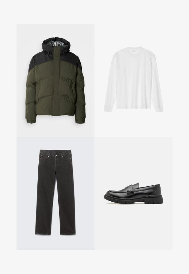 Schott ETHEN - Chaqueta de invierno - kaki/black; Camiseta blanca de algodón de manga larga con cuello redondo, con puños acanalados y dobladillo recto, textura suave y diseño minimalista.; Vaqueros de mezclilla negros de pierna recta con bolsillos frontales, trabillas para cinturón y cierre de botón, colocados planos sobre un fondo gris.; Mocasin de cuero negro con una cinta ancha en el empeine, suela de goma con tacos gruesos y textura suave. Diseño clásico y elegante.