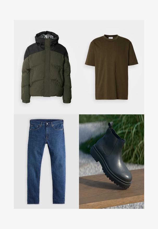 Schott ETHEN - Chaqueta de invierno - kaki/black; Camiseta de cuello redondo de manga corta en un tono verde oliva liso, con una etiqueta de marca blanca visible en el cuello, presentada sobre un fondo blanco.; Vaqueros de mezclilla azul oscuro con diseño de pierna recta, cinco bolsillos, cierre de botones y detalles de costura naranja. Textura suave y un ajuste clásico.; Botín negro de goma hasta el tobillo con acabado texturizado, suela gruesa y con relieve, paneles laterales elásticos y tab de tirón en la parte trasera, reposando sobre una superficie de madera.