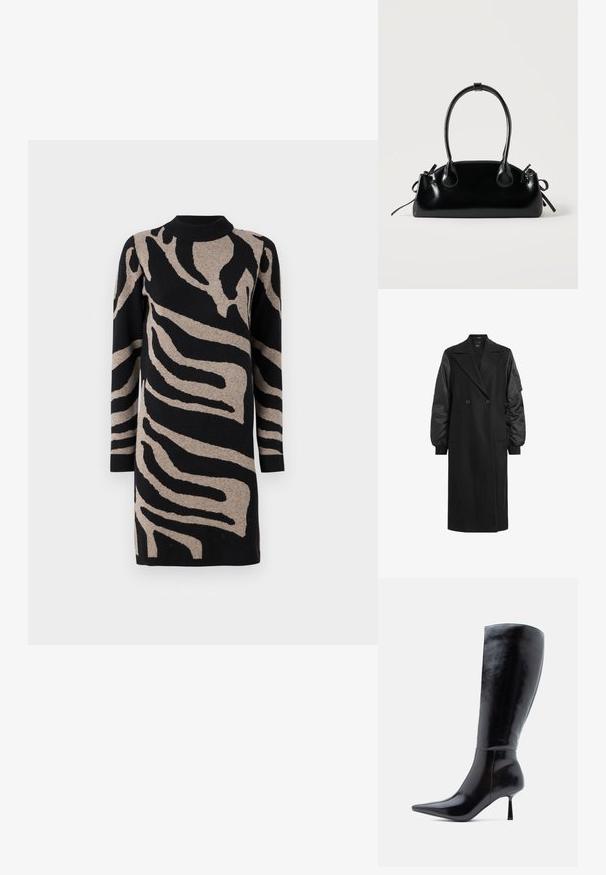 Schwarzer doppelreihiger Mantel mit langen, puffigen Ärmeln aus glänzendem Stoff. Verfügt über zwei Fronttaschen und eine taillierte Detailverarbeitung.; Strickkleid mit einem schwarz-beigen Zebra-Streifenmuster, hohem Kragen und langen Ärmeln, mit einer weichen Textur und lockerer Passform.; Schwarze kniehohe Stiletto-Stiefel mit glänzender Lederoberfläche, spitzem Zeh und schlankem, konisch zulaufendem Absatz, die eine glatte Oberfläche und ein elegantes Design aufweisen.; Kleine schwarze glänzende Handtasche mit zwei langen Griffen und seitlichen Kordelzug-Details vor einfachem hellem Hintergrund.