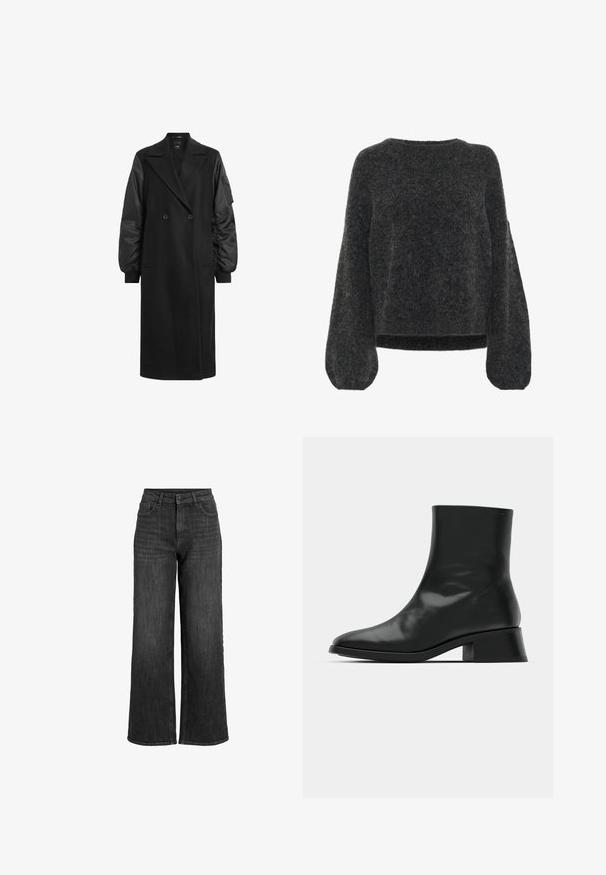 Zwarte dubbelzijdige jas met lange, puffy mouwen van glanzende stof. Beschikt over twee vo zakken en een getailleerd taille-detail.; Gestuz ALPHA - Trui - charcoal melange; Zwarte high-waist wijde jeans met knoop aan de voorkant, ritssluiting, riemlussen en vijf zakken design tegen een witte achtergrond.; Zwarte enkelboot van glanzend leer, met een slank ontwerp, spitse neus en een gematigde blokhak voor stabiliteit.