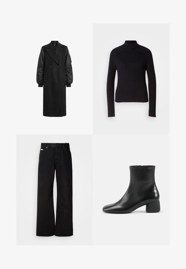 Sort dobbeltrådet frakke med lange, pufede ærmer lavet af blankt stof. Har to forlommer og en tætsiddende taljedetalje.; Sort rippet turtleneck sweater med lange ærmer, tætsiddende design og struktureret overflade. Fremstillet af et strækbart strikket stof.; Sorte breddebenede jeans lavet af bomuld. Har forlommer, en knaplukning og en klassisk denimtekstur. Minimalistisk design uden mønstre.; Sort læderankelstøvle med afrundet firkantet tå, sidelås og chunky lav hæl på ensfarvet lys baggrund.