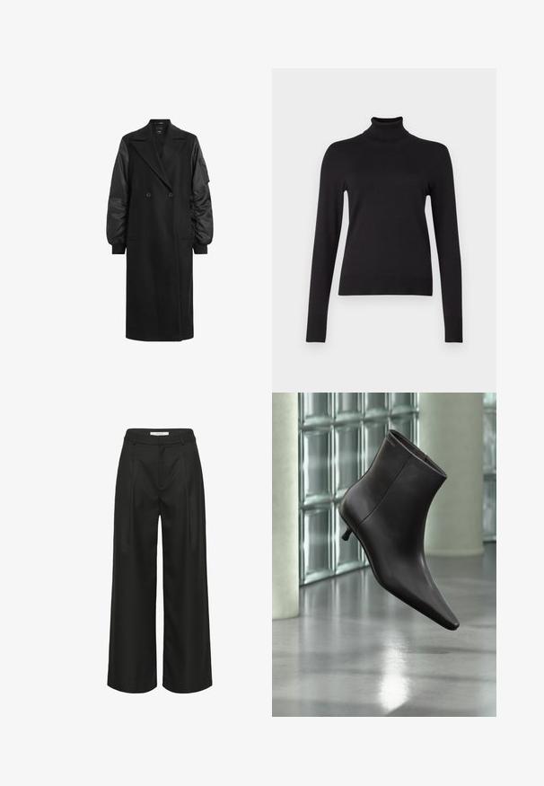 Čierny dvojradový kabát s dlhými, nadýchanými rukávmi vyrobený z lesklého materiálu. Má dve predné vrecká a priliehajúci pás.; JJXX Turtleneck JXADA Turtleneck - Svetrík - black; Čierne široké nohavice s upraveným strihom, vysokým pásom, prednými záhybmi a hladkou textúrou látky. Vhodné na formálne príležitosti.; Čierna kožená členková obuv s ostrou špičkou a nízkym podpätkom, zobrazená na pozadí steny zo sklenených blokov a leštenej podlahy.