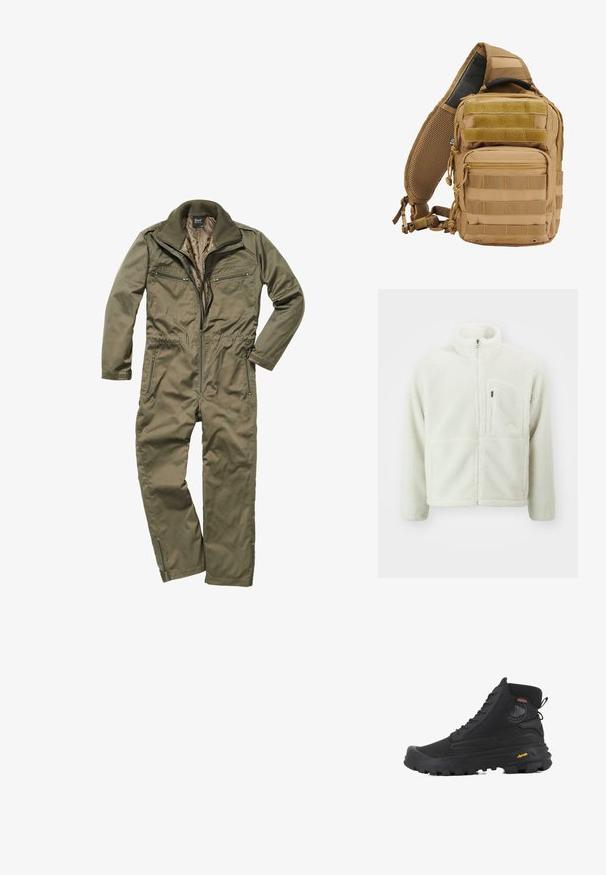 The North Face EXTREME JACKET - Fleecejacke - white dune; Olivgrüner Overall aus strapazierfähigem Material, mit Reißverschluss vorne, geripptem Kragen und mehreren mit Reißverschluss versehenen Taschen auf der Brust und an den Seiten.; Schwarze hohe Stiefel mit strukturierten Oberflächen, ausgestattet mit einem wasserdichten Design, Schnürsystem und einer ausgeprägten Gummisohle mit Vibram-Branding.; Taktischer Rucksack in Tan mit mehreren Taschen, Gurtbändern, gepolstertem Mesh-Rücken, Reißverschlüssen und verstärkten Nähten für Langlebigkeit.