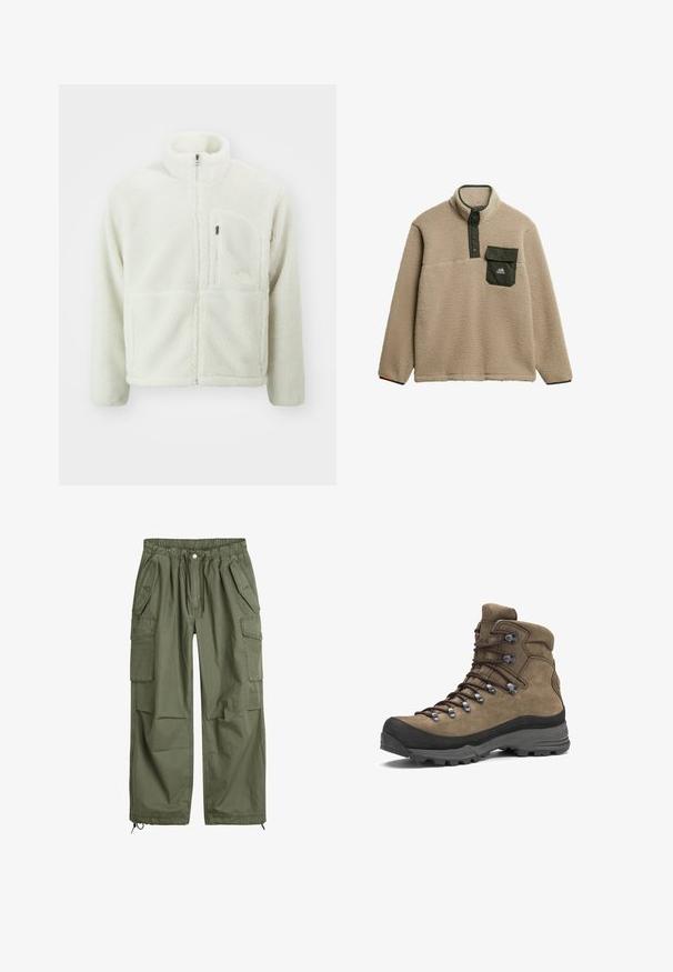The North Face EXTREME JACKET - Fleecejas - white dune; Beige fleecetroyer met hoge kraag, groene drukknoopsluiting en een borstzak. Het materiaal heeft een zachte, textuurachtige afwerking. Berglogo op de zak.; Olijfgroene cargo broek met een elastische tailleband, koord, meerdere zijzakken en taps toelopende manchetten. Gemaakt van duurzaam katoen.; Bruine hoge wandelschoen met zwarte zool, metalen veterogen en gevoerde kraag, ontworpen voor gebruik buitenshuis en enkelondersteuning.