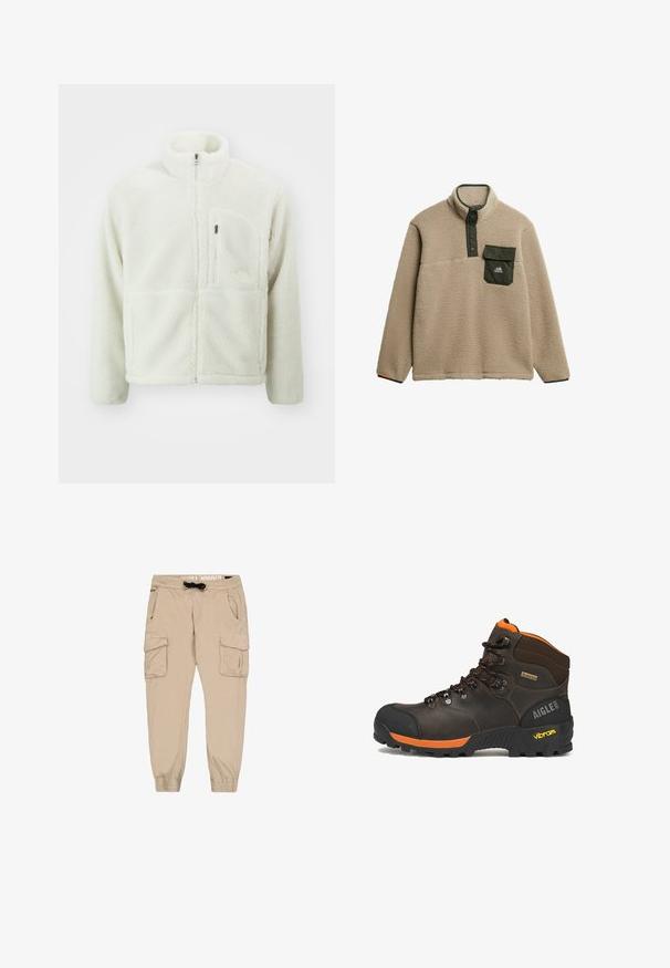 The North Face EXTREME JACKET - Fleecejas - white dune; Beige fleecetroyer met hoge kraag, groene drukknoopsluiting en een borstzak. Het materiaal heeft een zachte, textuurachtige afwerking. Berglogo op de zak.; Beige cargobroek met een taps toelopende pijp, elastische tailleband, trekkoord en meerdere zakken. Gemaakt van een lichtgewicht stof met een gladde textuur.; Bruine leren wandelschoen met zwarte en oranje accenten, zwarte veters, Vibram-zool, Gore-Tex-label en Aigle 1853-merkteken op de hiel.