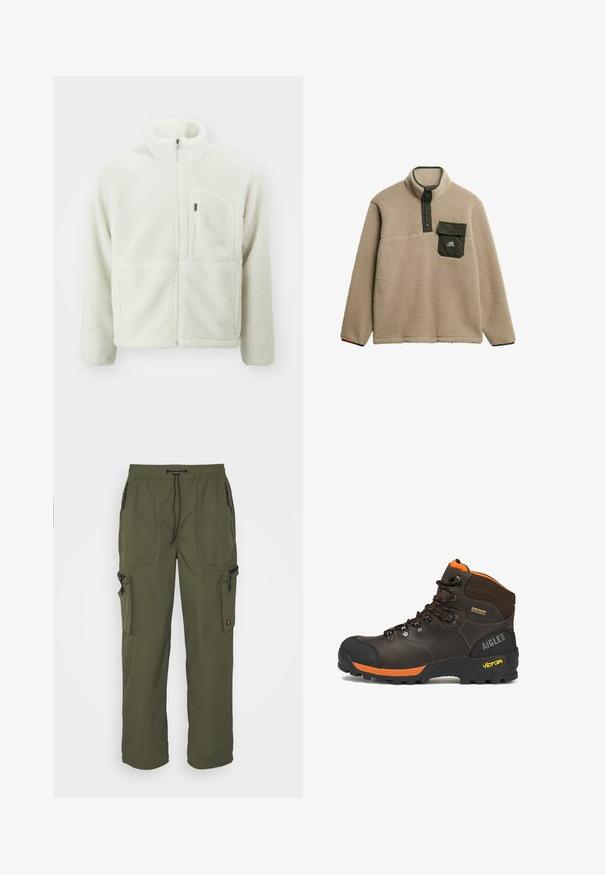 The North Face EXTREME JACKET - Forro polar - white dune; Sudadera de forro polar beige con un cuello alto, tapeta de presión verde y un bolsillo en el pecho. El material tiene un acabado suave y texturizado. Logo de montaña en el bolsillo.; Pantalones cargo verde oliva hechos de tela ligera, con una cintura elástica, cierre de cordón y múltiples bolsillos con cremallera.; Bota de senderismo de cuero marrón con detalles en negro y naranja, cordones negros, suela Vibram, etiqueta Gore-Tex y marca Aigle 1853 en el talón.