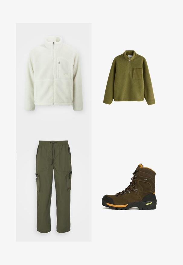 The North Face EXTREME JACKET - Fleecejacke - white dune; Olivgrüner Fleecepullover mit langen Ärmeln, halbem Frontreißverschluss, Stehkragen und strukturiertem quadratischem Brusttasche links.; Olivgrüne Cargo-Hosen aus leichtem Material mit elastischem Bund, Kordelzug und mehreren Reißverschlusstaschen.; Brauner hoher Wanderschuh mit schwarzer Zehenkappe, orangen Akzenten, robuster Vibram-Sohle und schwarz-orangen Schnürsenkeln.