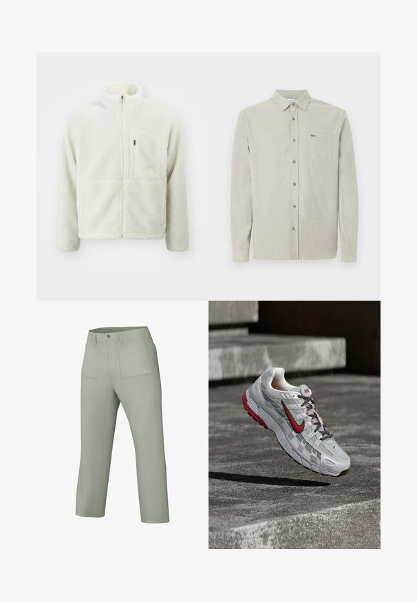 The North Face EXTREME JACKET - Forro polar - white dune; Camisa de manga larga color beige claro, con botón y cuello, bolsillo en el pecho que presenta un pequeño logo de cocodrilo verde.; Pantalones de color verde claro, hasta las rodillas, hechos de un material suave, con cierre de botón y cremallera, dos bolsillos frontales y detalles de costura visibles.; Zapatilla de correr Nike blanca y gris con detalles rojos y cordones negros, suspendida sobre escalones de hormigón gris.