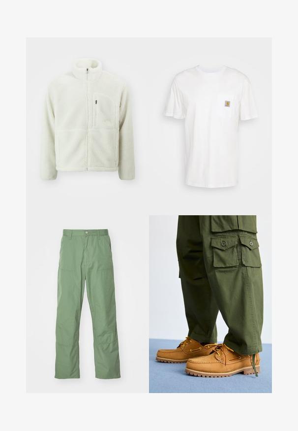 The North Face EXTREME JACKET - Veste polaire - white dune; T-shirt en coton blanc à manches courtes, avec une poche poitrine et un petit patch logo carré en orange et blanc sur la poche.; Pantalons vert clair, coupe décontractée avec une texture lisse, dotés de poches latérales et de détails de coutures visibles. Longueur complète avec un design à jambe droite.; Timberland AUTHENTIC 3 EYE - Chaussures bateau - wheat