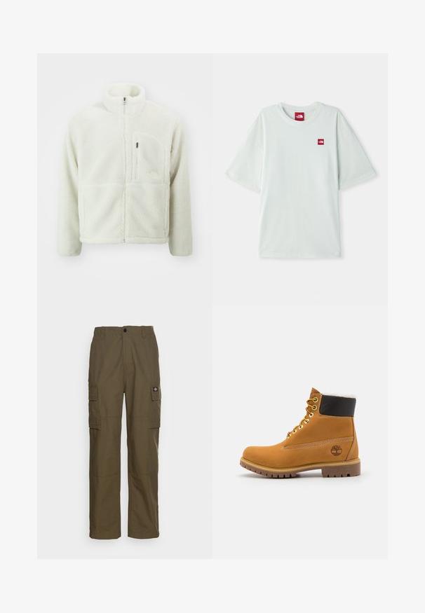 The North Face EXTREME JACKET - Fleecejas - white dune; Lichtgroene T-shirt met korte mouwen van zachte katoen, voorzien van een klein rood logo label op de linker borst. Ontspannen pasvorm en ronde halslijn.; Olijfgroene cargobroek, gemaakt van duurzaam stof. Beschikt over twee zijzakken, een standaard taille en een rechte pijp.; Bruine leren enkellaars met metalen oogjes, witte faux bont voering, zwarte gewatteerde kraag, robuuste zool en een reliëflogo aan de zijkant.
