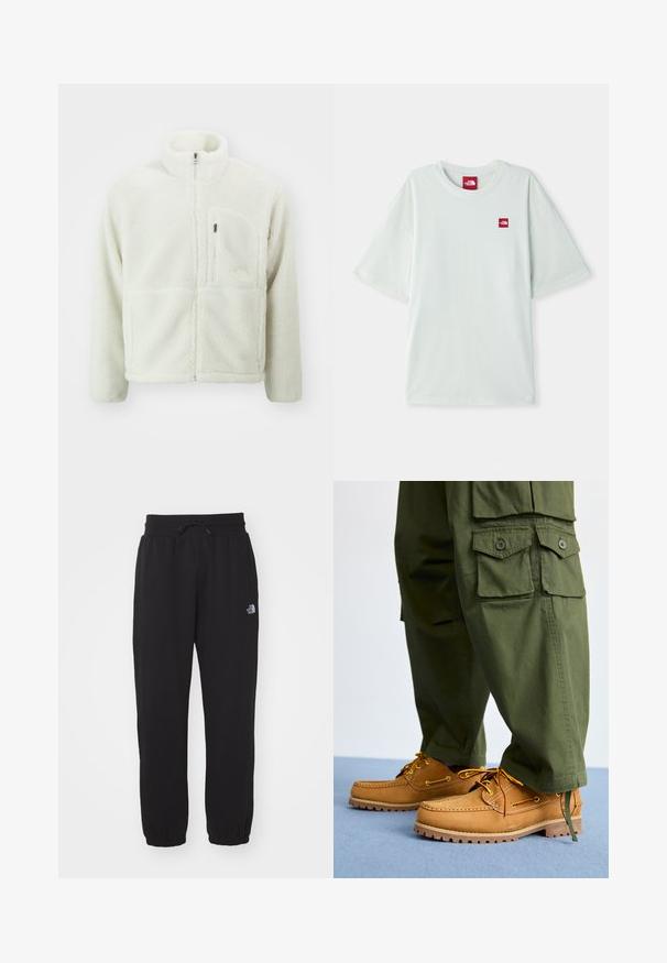 The North Face EXTREME JACKET - Forro polar - white dune; Camiseta de manga corta verde claro hecha de algodón suave, con una pequeña etiqueta de logo rojo en el área del pecho izquierdo. Corte relajado y escote redondo.; Pantalones de chándal negros de tela suave, con cinturilla elástica y cordón, tobillos ajustados y un pequeño logo en el muslo superior.; Timberland AUTHENTIC 3 EYE - Náuticos - wheat
