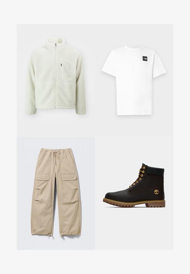 The North Face EXTREME JACKET - Forro polar - white dune; Camiseta blanca de algodón con mangas cortas, que presenta un logo cuadrado negro en el lado izquierdo del pecho y un diseño de cuello redondo.; Pantalones cargo beige de pierna ancha con cintura y bajos ajustables con cordón, bolsillos con solapa en los muslos y bolsillos laterales con abertura.; Bota de cuero negro de tobillo con ojales dorados, acentos marrones y suela de goma. Presenta un cuello acolchado y un logotipo en relieve en el costado.
