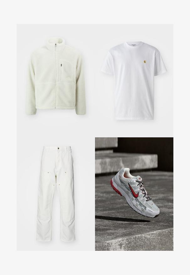 The North Face EXTREME JACKET - Fleecejas - white dune; Witte katoenen t-shirt met korte mouwen en ronde hals, voorzien van een klein gouden logo op de linkerkant van de borst. Zachte textuur en een normale pasvorm.; Witte katoenen cargobroeken met een relaxte pasvorm. Kenmerken zijn onder andere voorzakken, gouden hardware accenten en versterkte kniezones.; Witte en grijze Nike hardloopschoen met rode accenten en zwarte veters, hangend boven grijze betonnen treden.