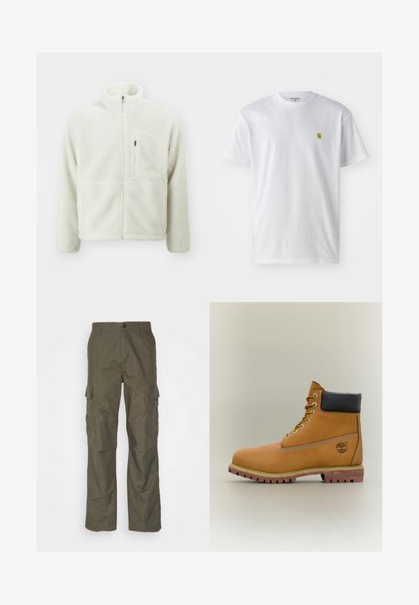 The North Face EXTREME JACKET - Veste polaire - white dune; T-shirt en coton blanc à manches courtes, col rond, avec un petit logo doré sur la poitrine gauche. Texture douce et coupe régulière.; Pantalons cargo olive avec une coupe droite, fabriqués en tissu texturé. Présente de grandes poches latérales et une fermeture à bouton.; Bottine en cuir marron avec col noir, lacets jaunes et semelle beige. Présente un logo et des détails de couture blanche. Semelle extérieure à traction robuste.