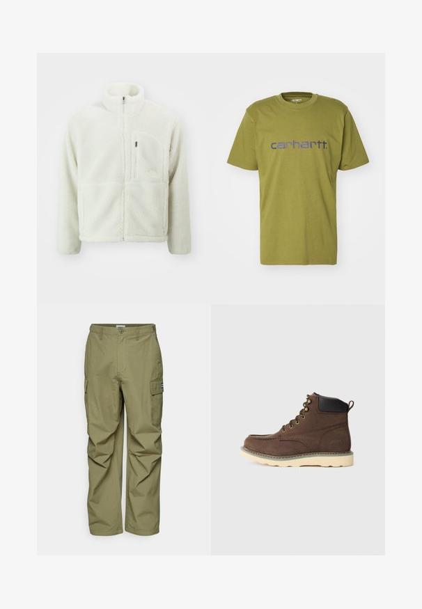 The North Face EXTREME JACKET - Forro polar - white dune; Camiseta de algodón verde oliva con cuello redondo y mangas cortas, con un logo azul "carhartt." en el pecho.; Pantalones cargo en verde oliva claro, con múltiples bolsillos laterales, cierre de botón y un corte relajado. Fabricados en tejido texturizado.; Botín de cuero marrón hasta el tobillo con un acabado texturizado, tacón negro en contraste, ojetes dorados y suela de goma de color claro.