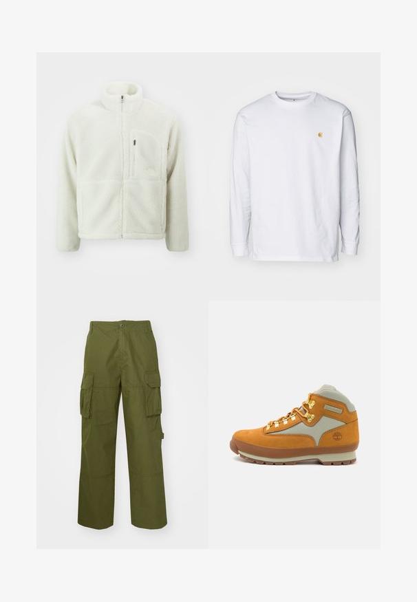 The North Face EXTREME JACKET - Fleecejas - white dune; Witte lange mouwen t-shirt van katoen. Voorzien van een klein gouden logo op de borst en een ronde hals. Eenvoudig ontwerp en standaard pasvorm.; Olijfgroene cargo broek van duurzaam materiaal, met twee zijzakken, een relaxte pasvorm en een knoopsluiting bij de taille.; Bruine suede wandelschoen met lichtgrijze stoffen panelen, gouden ogen, rubberen zool en Timberland-logo op de hiel gedrukt.