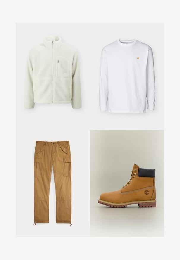 The North Face EXTREME JACKET - Fleecejas - white dune; Witte lange mouwen t-shirt van katoen. Voorzien van een klein gouden logo op de borst en een ronde hals. Eenvoudig ontwerp en standaard pasvorm.; Bruine cargobroek met knoopsluiting, riemlussen, klepzakken op de dijen en aantrekkoorden bij de enkelboorden, plat gelegd op een witte achtergrond.; Bruine leren enkellaars met zwarte kraag, gele veters en een zandkleurige zool. Voorzien van een logo en witte stikseldetails. Robuuste loopzool met grip.