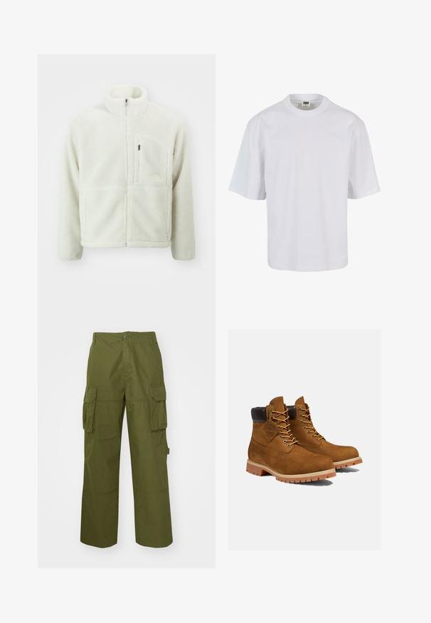 The North Face EXTREME JACKET - Fleecejas - white dune; Witte, korte mouw t-shirt van katoen. Beschikt over een ronde hals en een losse pasvorm met een gladde textuur en geen zichtbare patronen of graphics.; Olijfgroene cargo broek van duurzaam materiaal, met twee zijzakken, een relaxte pasvorm en een knoopsluiting bij de taille.; Bruine suède enkellaarsjes met een gevoerde zwarte kraag, gouden oogjes en een dikke rubberen zool met een profielpatroon voor grip.