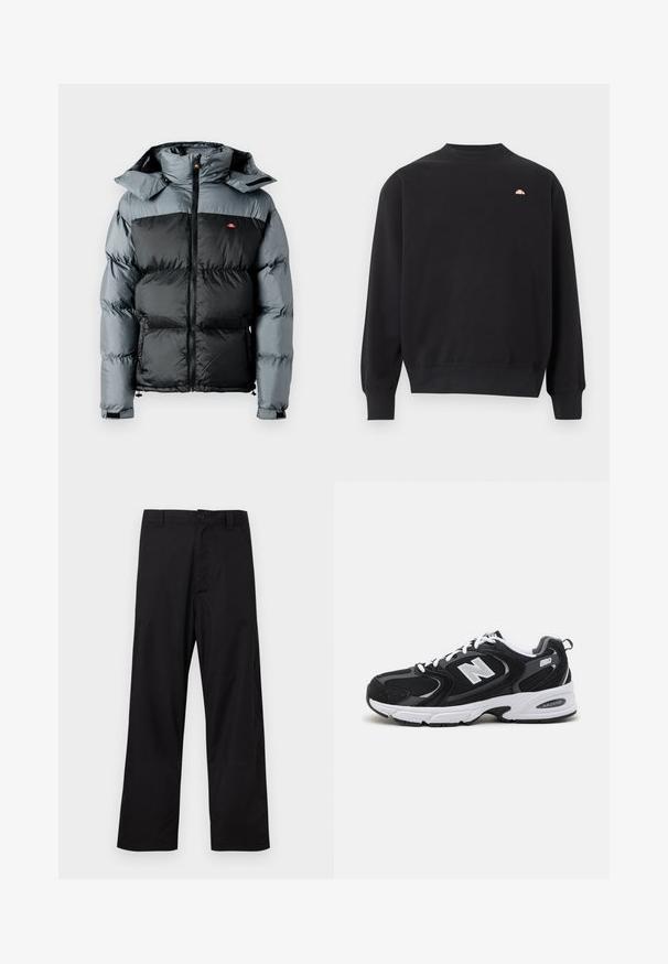 Doudoune avec une partie inférieure noire et une partie supérieure grise. Dotée d'un col montant, d'une fermeture éclair et d'une capuche attachée.; Sweat-shirt noir à manches longues avec col rond, poignets et ourlet côtelés, arborant un petit logo pêche sur le haut de la poitrine à gauche.; Pantalon droit noir avec fermeture à boutons et à glissière, passants pour ceinture, présenté à plat sur un fond clair.; Baskets de sport noires et grises avec un tige en mesh et en suède, présentant une semelle intermédiaire blanche, des lacets et un logo "N" audacieux sur le côté.