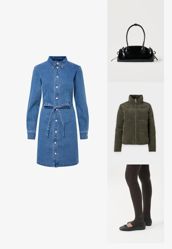 Olivgrüne Corduroy-Pufferjacke mit hohem Kragen, Frontreißverschluss und gerippter Textur. Verfügt über gepolsterte Abschnitte mit weichem Finish.; Denimkleid mit Kragen, langen Ärmeln, vorderem Knopfverschluss und gebundenem Taillengurt. Hat eine hellblaue Farbe und eine weiche Textur.; Beine in dunklen, gerippten Leggings kombiniert mit schwarzen Ballerinas mit kleinen Schleifendetails auf weißem Hintergrund.; Kleine schwarze glänzende Handtasche mit zwei langen Griffen und seitlichen Kordelzug-Details vor einfachem hellem Hintergrund.
