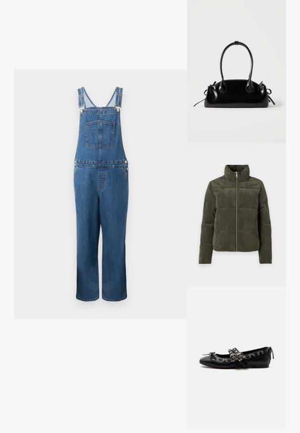 Oliven grøn kordfløjl pufferjakke med høj krave, frontlynlås og ribbet struktur. Har polstrede sektioner med en blød finish.; Denim overalls med justerbare stropper, en frontlomme og sidelommer. Farven er en mellemblå med en let falmet struktur.; Sort flad balletsko med dobbelt spænde, sølvøjer og en lille sløjfe nær den runde tå på en hvid baggrund.; Lille sort blank håndtaske med to lange håndtag og snøre-detaljer i siden på en ensfarvet lys baggrund.