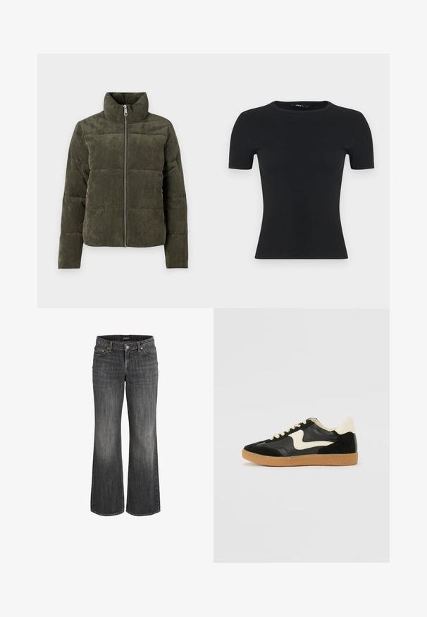 Olivgrüne Corduroy-Pufferjacke mit hohem Kragen, Frontreißverschluss und gerippter Textur. Verfügt über gepolsterte Abschnitte mit weichem Finish.; Schwarzes, geripptes T-Shirt mit kurzen Ärmeln, runder Halslinie, figurbetontem Design, hergestellt aus strukturiertem Stoff, mit glatter Oberfläche und ohne sichtbare Akzente.; Schwarze, verwaschene Straight-Leg-Jeans aus Denim mit Frontknopf, Gürtelschlaufen und Fünf-Taschen-Design.; Schwarze Wildleder- und Leder-Sneaker mit einem cremefarbenen Seiten-Swoosh und einer hellcremefarbenen Ferse. Ausgestattet mit beige Schnürsenkeln und einer Gummilaufsohle.